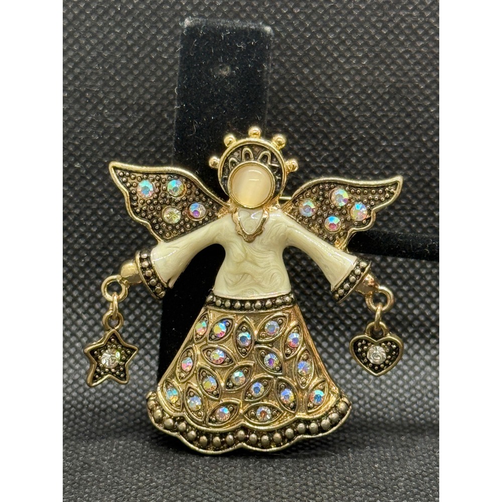 KC Vintage Gold Tone Angel Brooch AB Rhinestone Enamel Star Heart Charms Pin